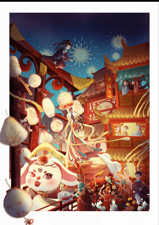 2023兔年元宵花灯会氛围感国风插画（图ZMzE4MDM5NzEy） - 商业插画 - 站酷设计师考拉kara_L原创素材 - 站酷ZCOOL