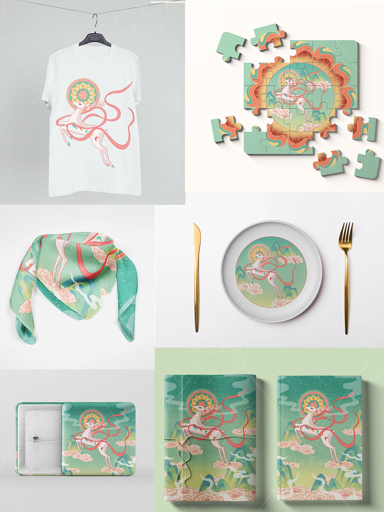 国潮九色鹿插画设计图案设计