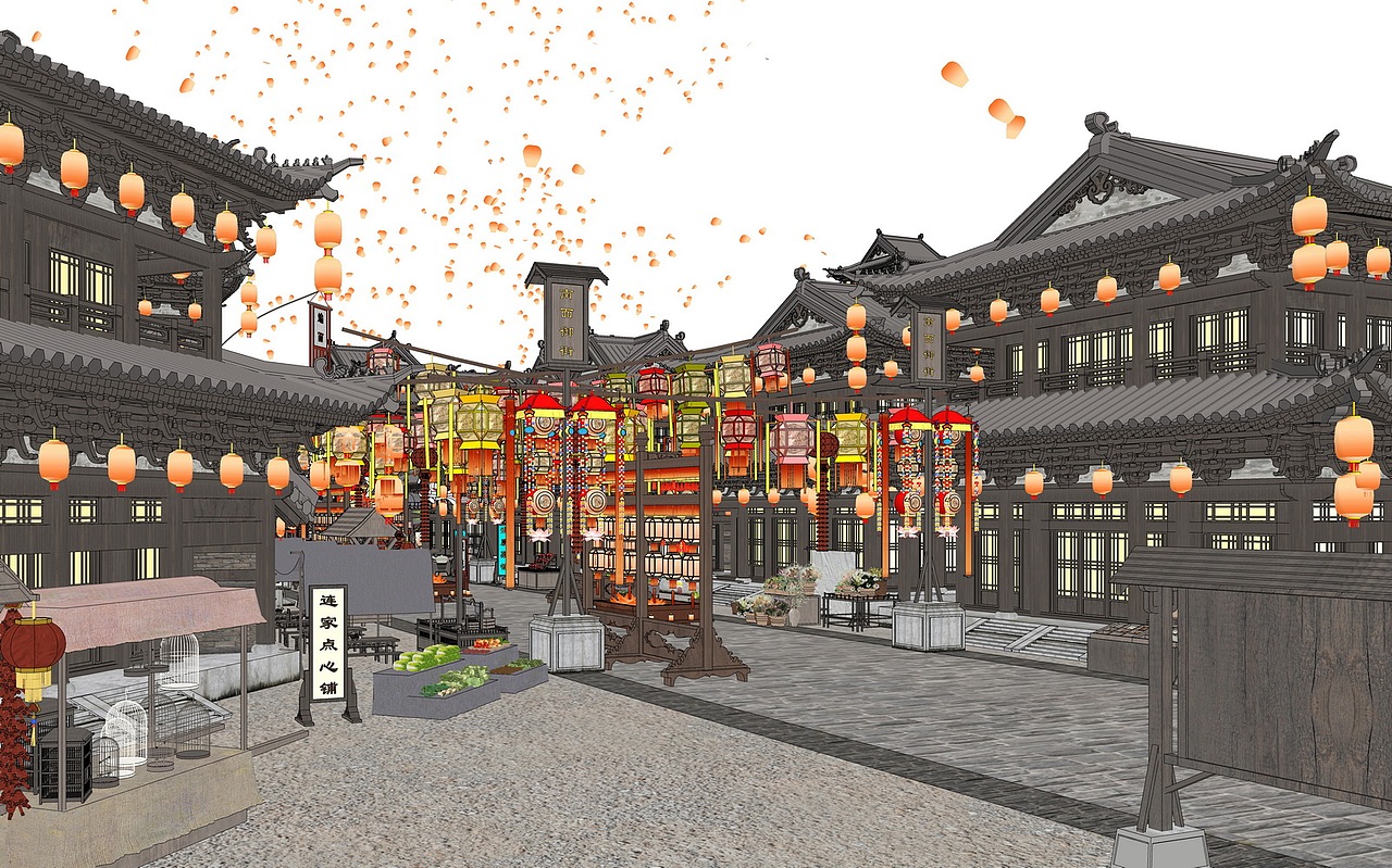 古建宋风城池城镇商业街节庆版夜su模型下载