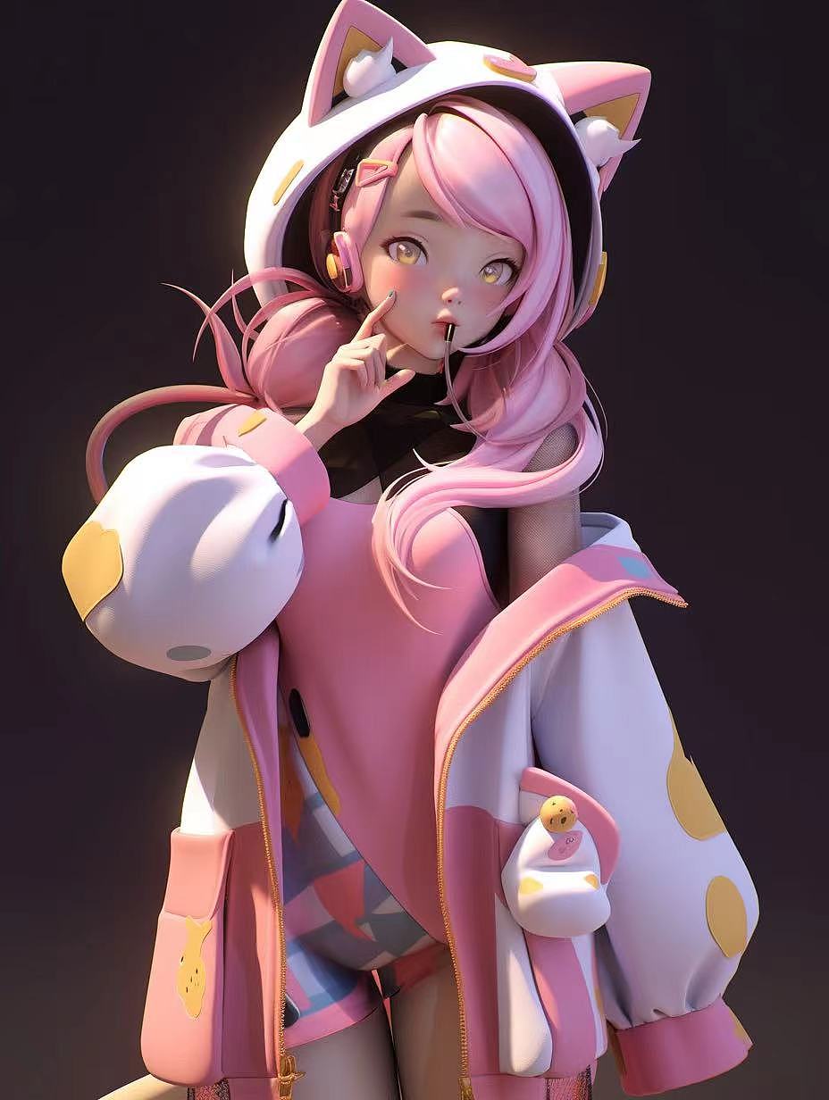 【AI绘画作品-003】粉色系少女与猫咪