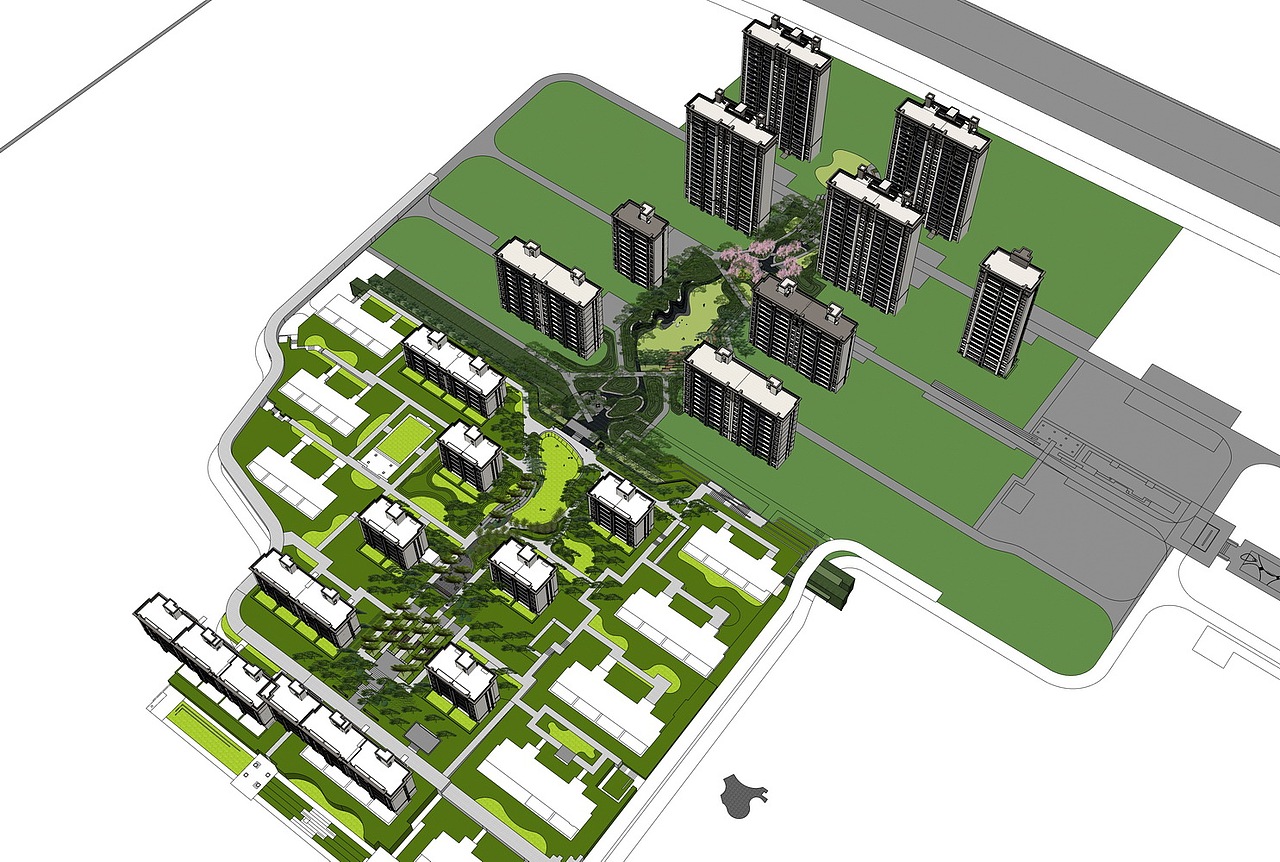 现代居住区中轴景观su模型下载