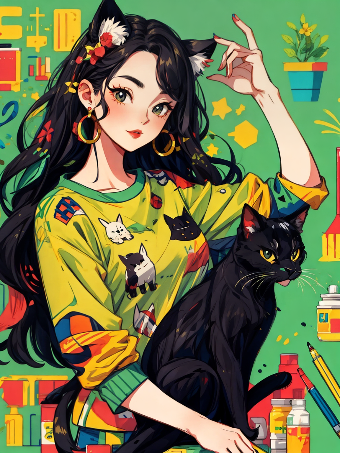 元气女孩，女孩与猫（图ZMzUxMzM1NDY4） - 绘画 - 站酷设计师智东居士原创素材 - 站酷ZCOOL