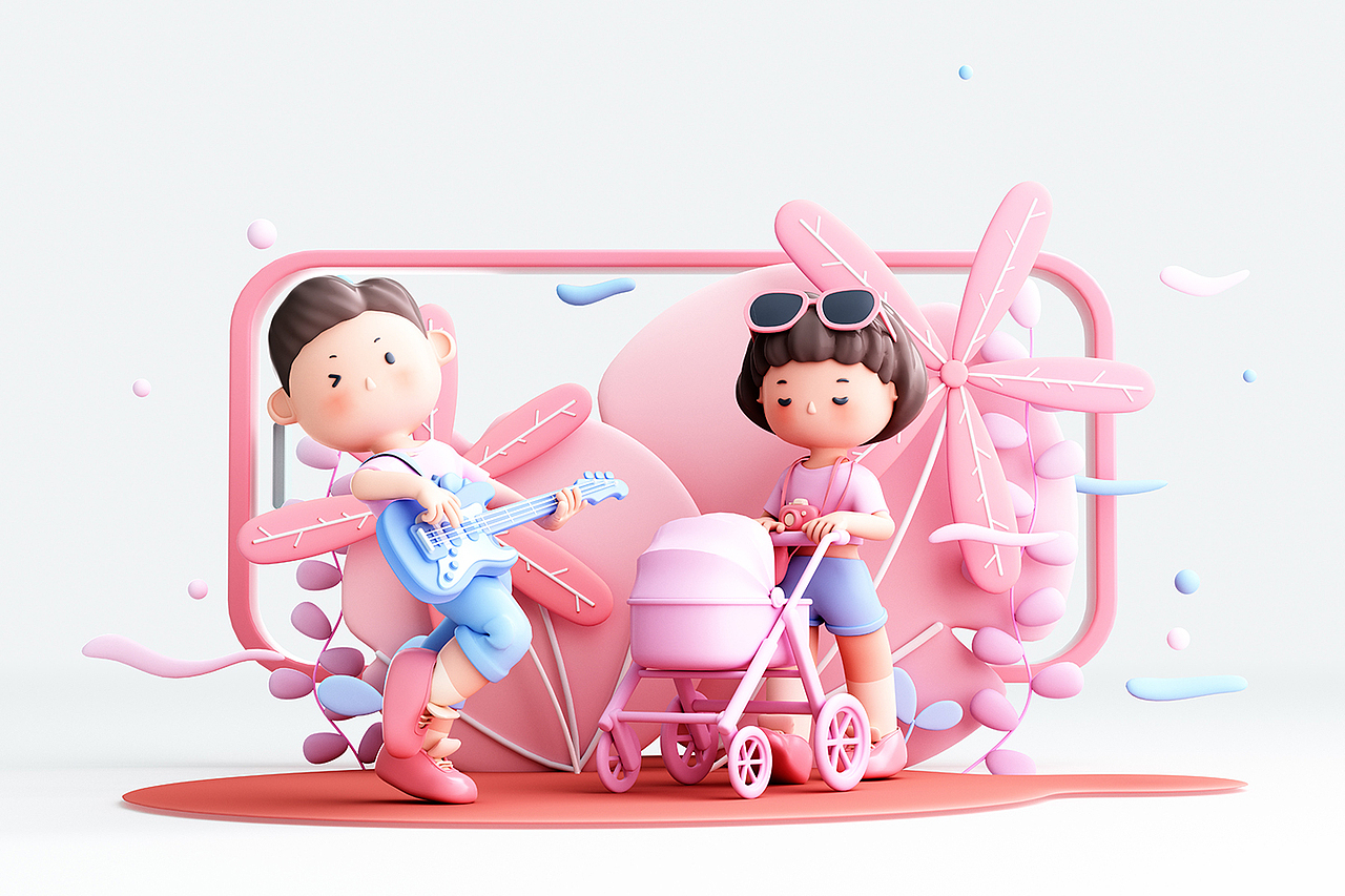 3D渲染的人物与家庭