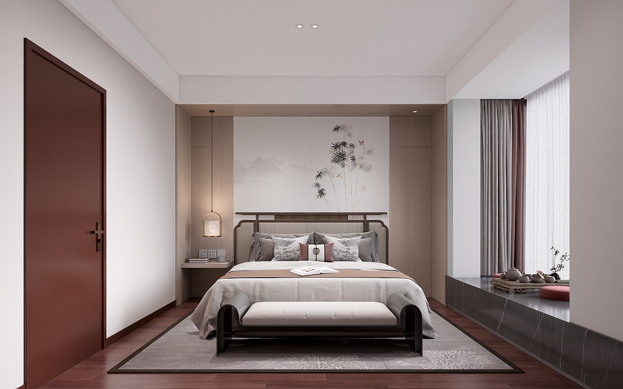主卧室，床头背景墙和隐形门做统一调色配比，完全融入一体