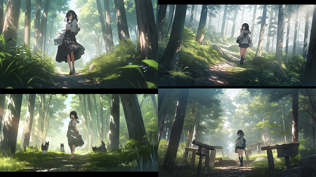 A cool girl, black hair,full body, morning,walking in the forest, Makoto Shinkai high on details, depth of field, high angle view, 8K --ar 16:9 --niji 5