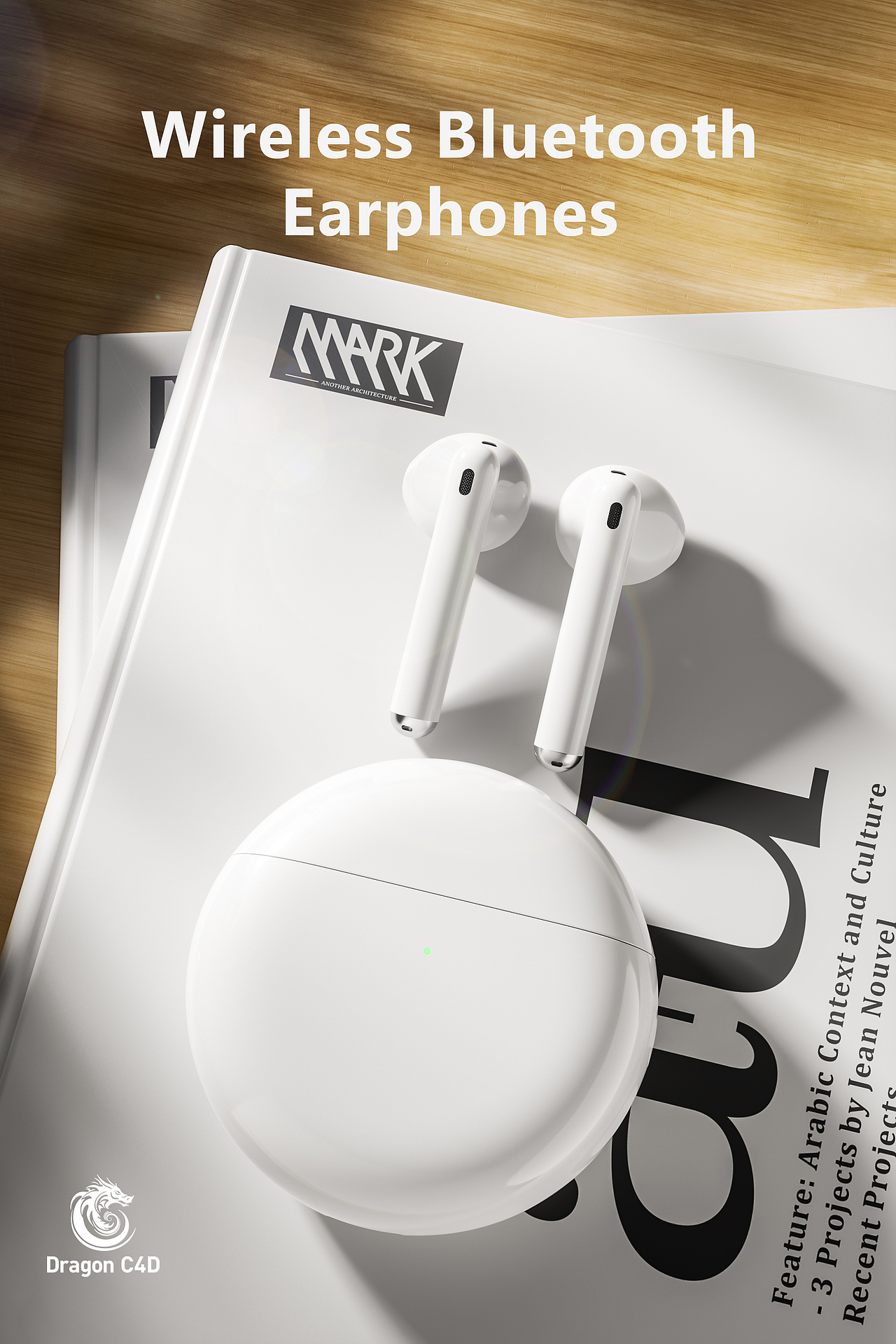 一组白色蓝牙耳机的渲染