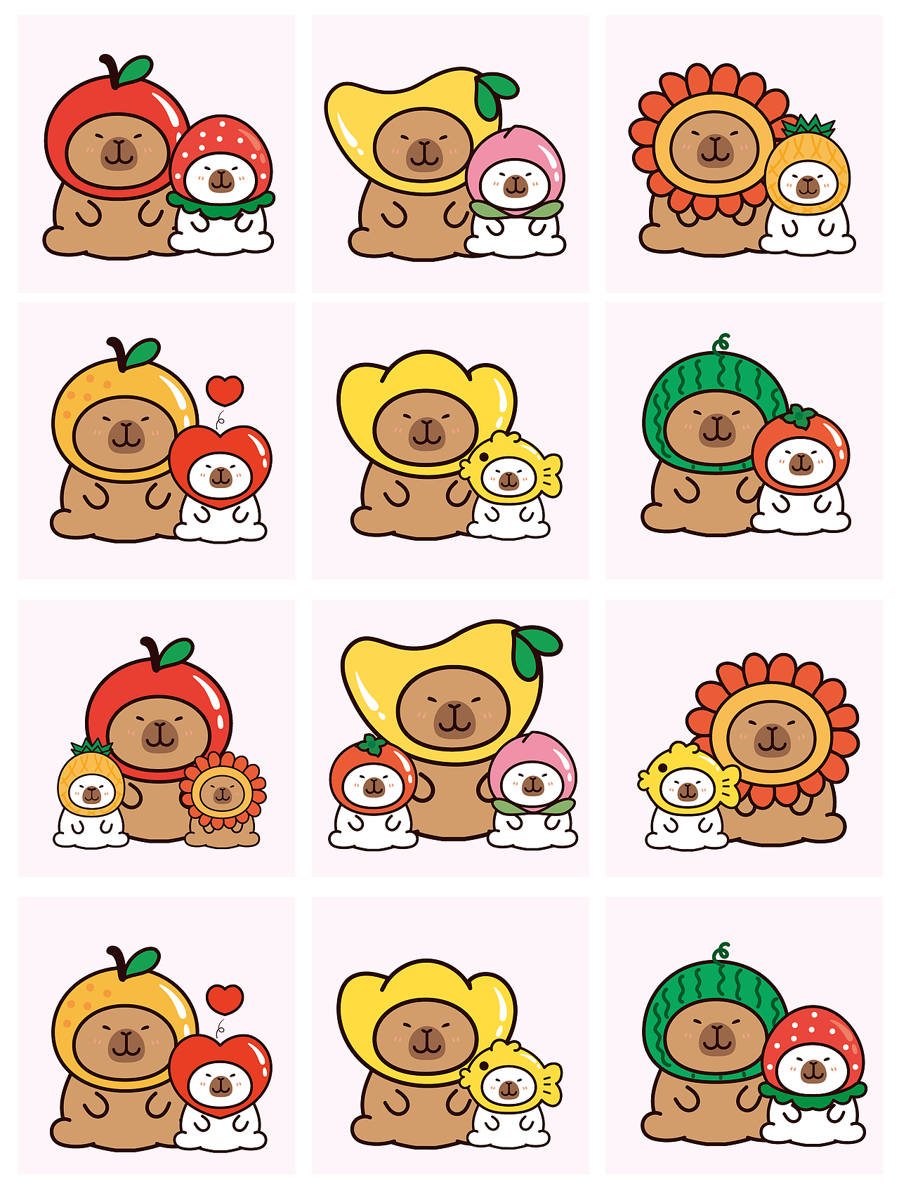 卡皮巴拉水豚萌萌IP卡通形象插画表情包设计水果系列