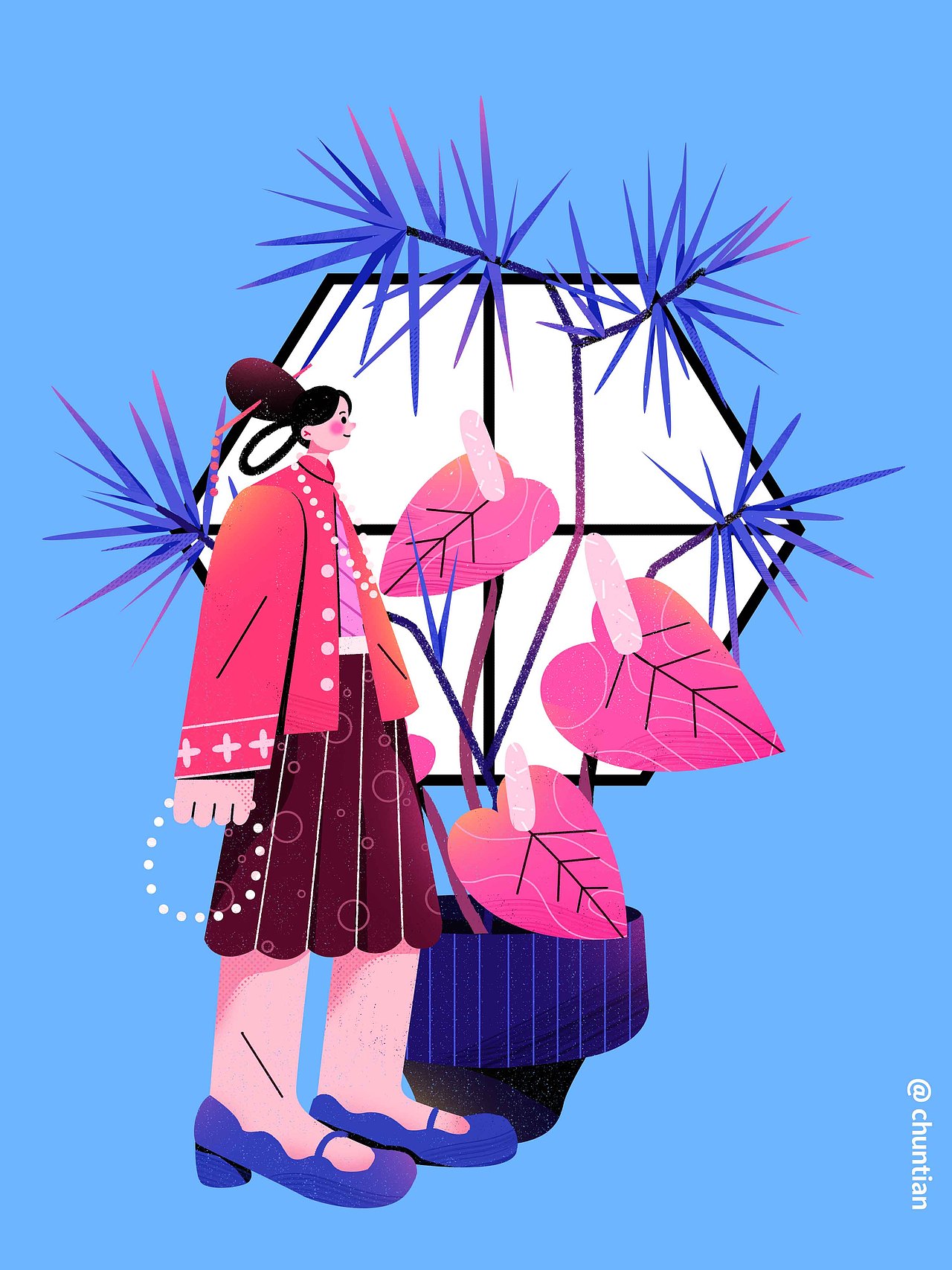 新中式女孩原创扁平插画