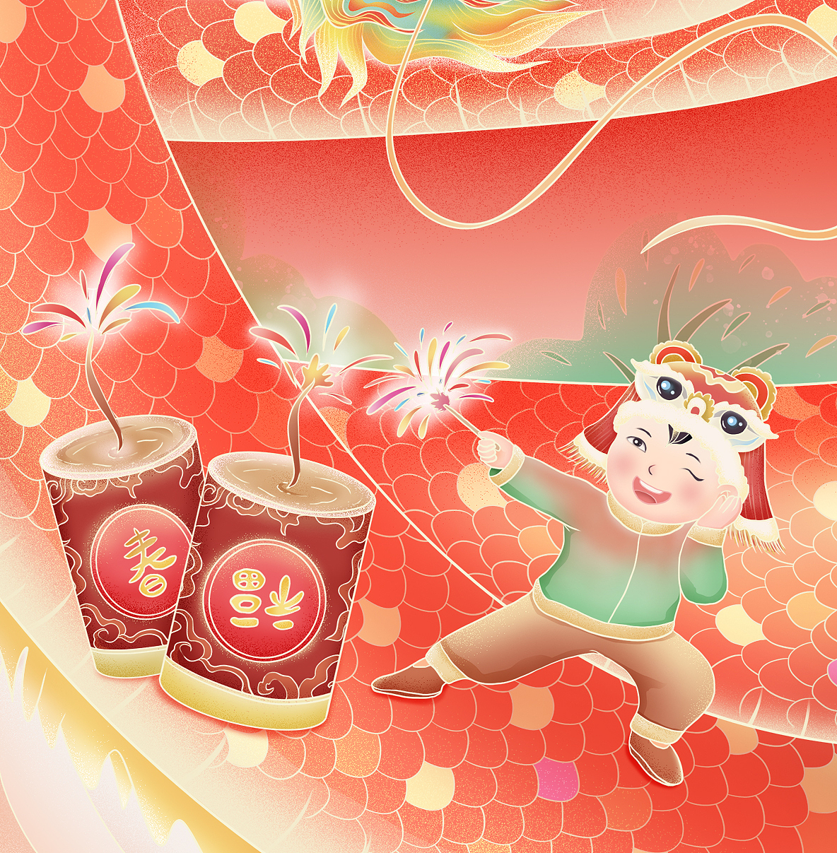 舞龙放爆竹的男孩局部细节图-萌鸦广告