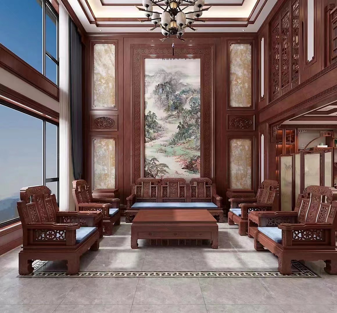 新中式客厅气派红木家具装修效果图- 中国风