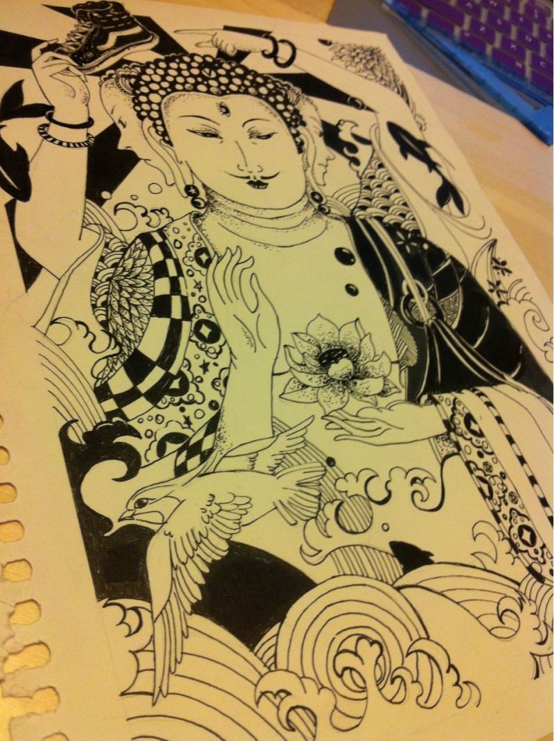 灵感来源:灵感来源于佛教四面佛,结合东方传统元素(莲花,鲤锦等)纹身