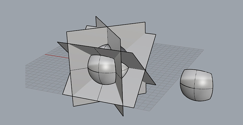 平面切割球体,得到我们需要的曲面,我们要说明一下,这个曲面是1/6个