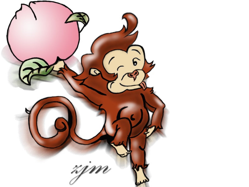 拿着仙桃的小猴子