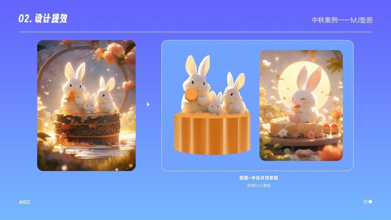 于是我还是使用垫图大法，把刚刚的兔子抠出来，在PS画出月饼形状示意一下，还有一开始生成觉得还不错的图，把它们垫图生成