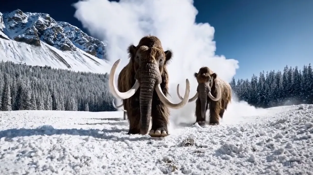 Sora生成的视频画面截图 | 白雪皑皑草地上的猛犸象