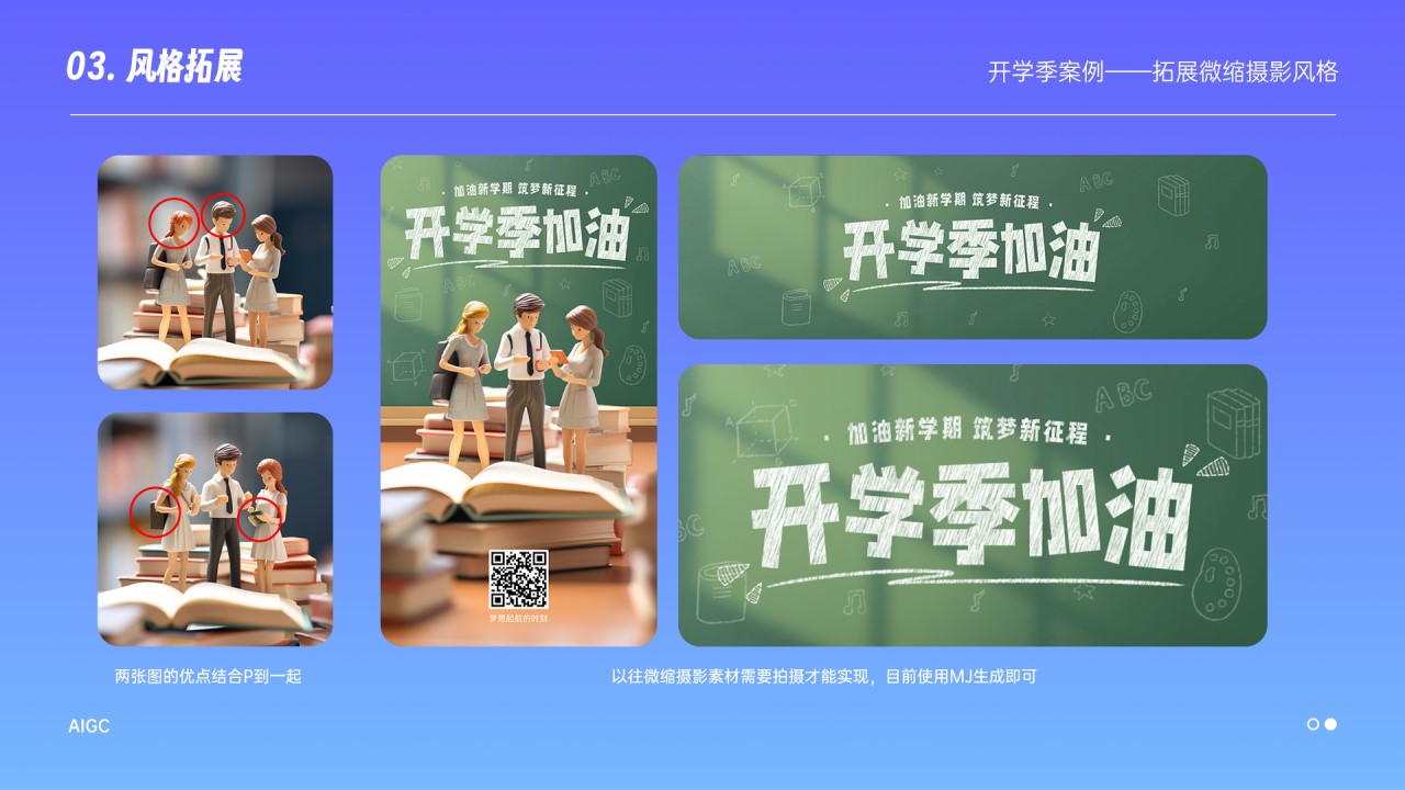 再来看另一个开学季的案例，以往微缩摄影素材需要拍摄才能实现，目前使用MJ生成即可，但生成过程中人物手脚问题挺多的，需要不断筛选，结合PS后期修改才能完成，这里我把这两张图的优点结合到一起，比如上图的人物表情看起来不太聪明的样子，所以就用了下图人物的头。总的来说，MJ生成的图片还是没能达到直接用的效果，需要配合后期手动修改完成。