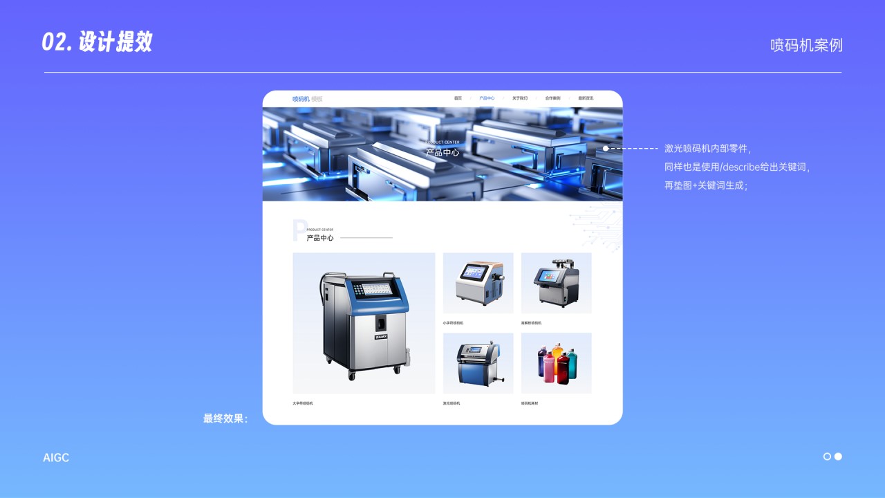 这个就是最终效果了，顶部的banner是激光喷码机内部零件，同样也是使用/describe给出关键词，在垫图+关键词生成