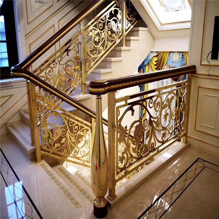 酒店铜艺楼梯扶手 时尚雕花弧型铜栏杆欧式镀金扶梯_铜元13242142183