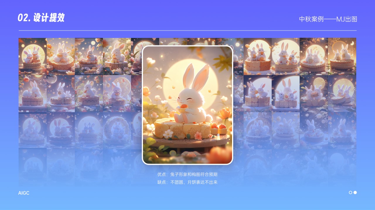 这一步考验的是设计师的审美能力，我们需要不断的调整关键词，从许多素材中选出最适合的那个一个。最开始的关键词不是很准确，没有达到我的预期，像这张它的优点就是兔子形象和构图是符合预期的，但它的缺点就是只有一只兔子，没有团圆氛围，还有月饼表达不出来；