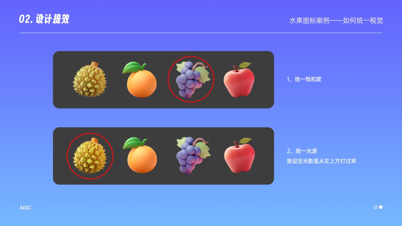 1、统一饱和度，每个水果生成的饱和度都不太一样，需要我们在ps手动调一下，像这个葡萄饱和度和其他相比就会有点弱；2、统一光源，设定光源从左上方打过来，榴莲的亮暗面不太明显，所以我会用正片叠底把暗面做的明显一点；