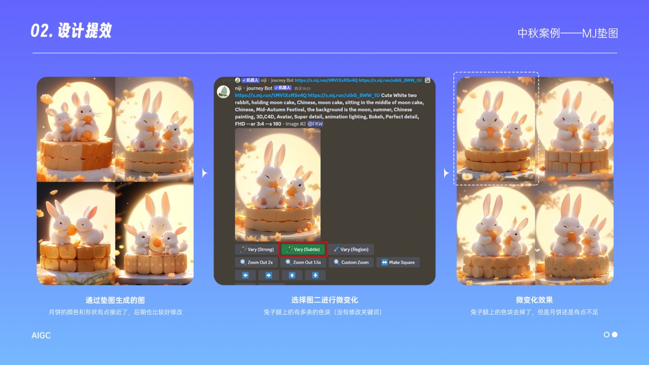 来看看垫图生成的图，月饼的颜色和形状有点接近了，后期也比较好修改，这里我选择了图二进行微变化，因为兔子腿上有多余的色块，我没有修改关键词，直接生成的，微调模式整体效果还算满意，它把之前兔子腿上的色块去掉了