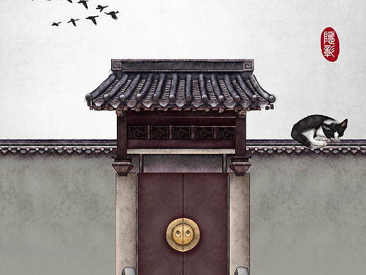 猫中式门古建筑古门飞鸟古风水墨画古风插画