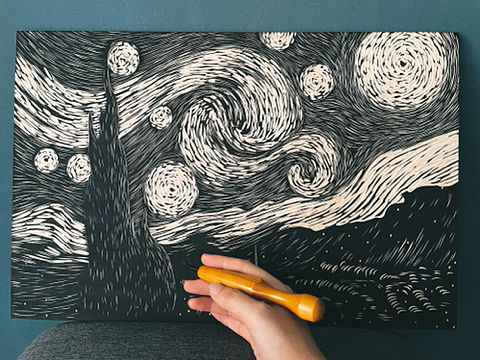手工雕刻星空·木刻版画制作…