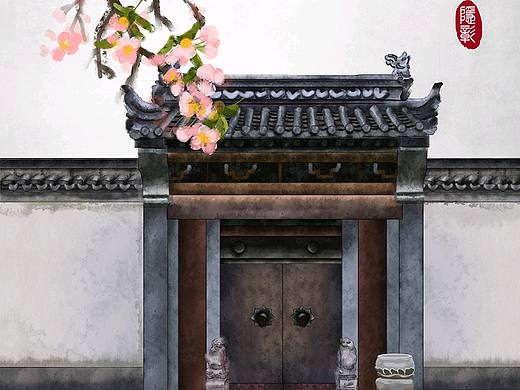 中式门春分春天古建筑古门飞鸟古风水墨画古风插画