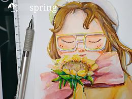 胖胖的女生水彩插畫-手繪