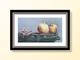 色粉画，多子多福石榴，写实，