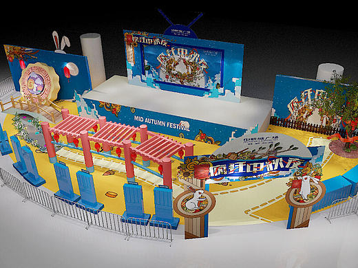 中秋节商场氛围布置/3D建模/插画风格/月兔灯笼
