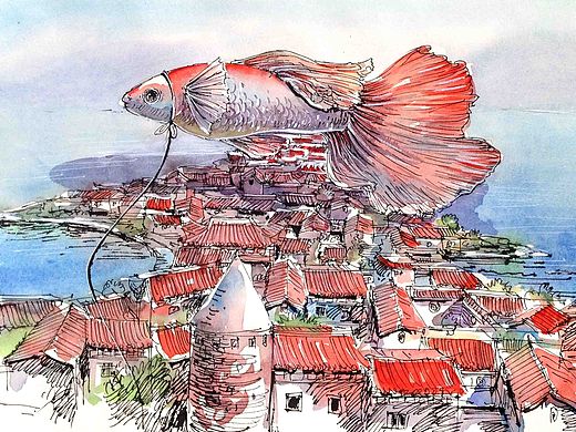 钢笔淡彩 巨大动物 【文抑】