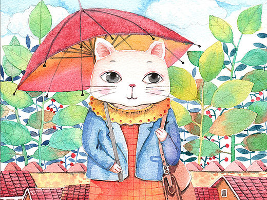 水彩画两幅-猫