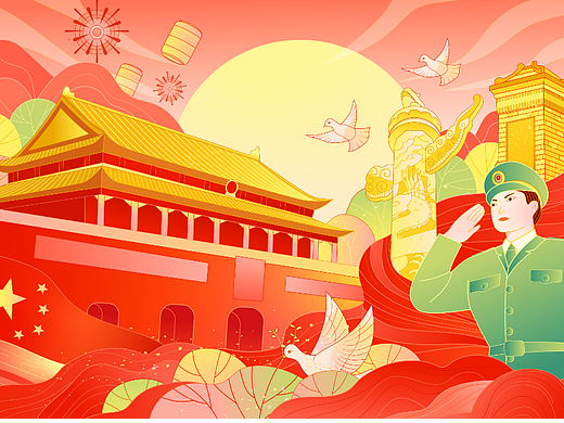 新国风插画—七一,八一,国庆插画