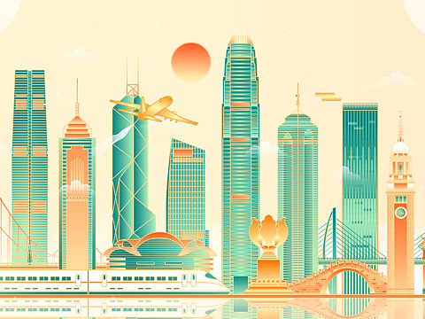 AI矢量插画/中国香港/地标建筑/国潮风  