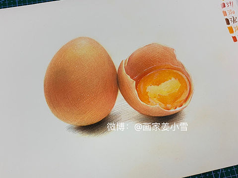 彩铅画一组鸡蛋壳和鸡蛋黄的示范全过程