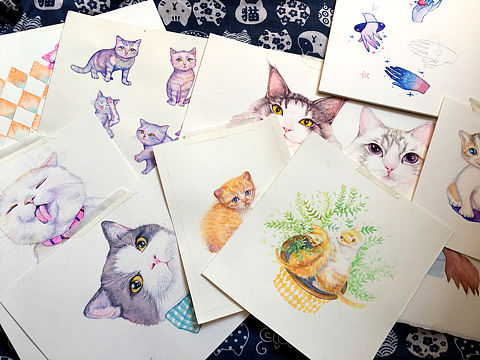 水彩猫咪插画萌萌哒～