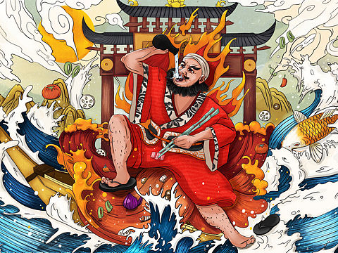 炊一瓶白酒包装插画设计