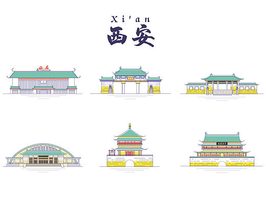 西安旅游地标建筑-线性图标化设计