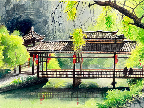 风景水彩 园林