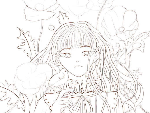 水彩少女与花