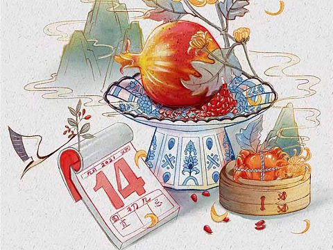 中国传统节日插画 水彩 重阳 国潮