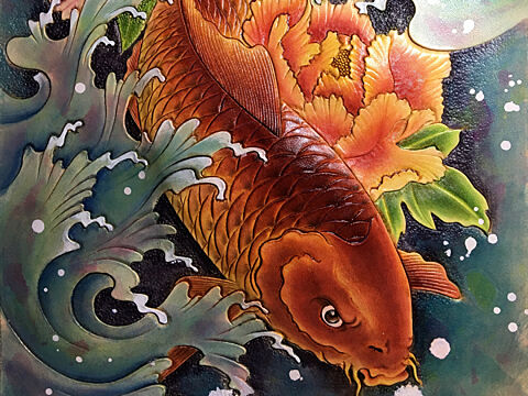皮雕画—-锦鲤牡丹