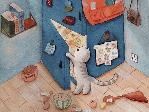 一只翻箱倒柜的猫|水彩系列插画