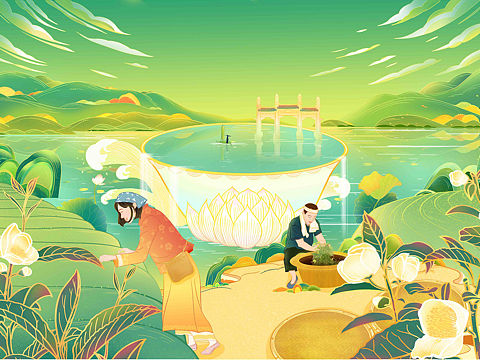 茶叶包装国风插画