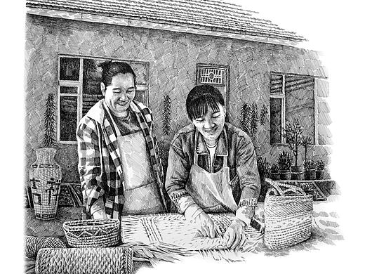 钢笔画《巧姐们的故事》