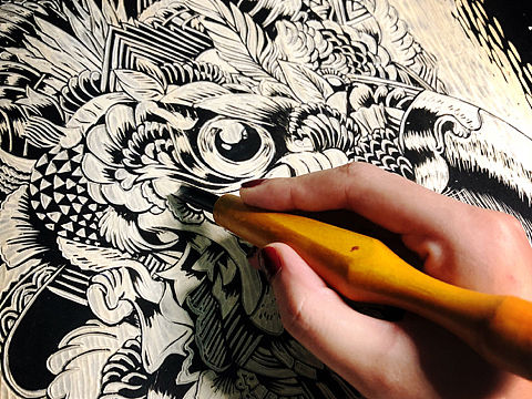 纯手工黑白木刻版画鹰