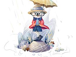 手绘插画雨中动物