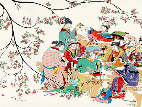 立秋应景：《秋苑品茗图》