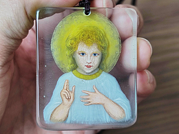 玻璃立体手绘 琉璃画珐琅 圣子神像方形吊坠 创新工艺 